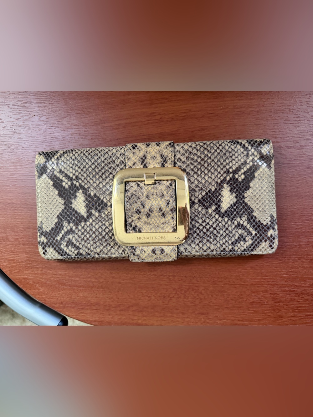 Michael Kors Snake-Print Clutch in Beige and Brown with Gold Buckle